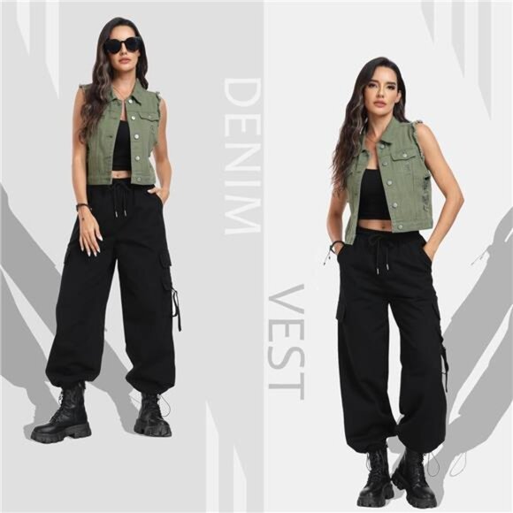 New Women's Cropped Distressed Denim Vest – Ripped Sleeveless Jean Jacket with - Picture 2 of 5